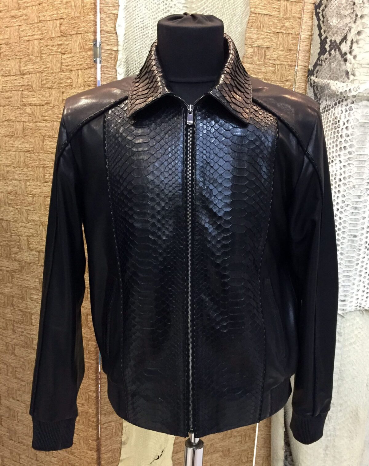 695e59e259f447123fa5209e.jpg Men's Real Python Skin Trim Genuine Leather Black Luxury Bomber Jacket