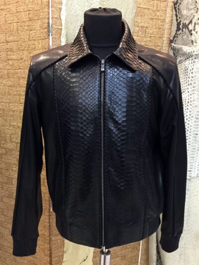 Men's Real Python Skin Trim Genuine Leather Black Luxury Bomber Jacket
