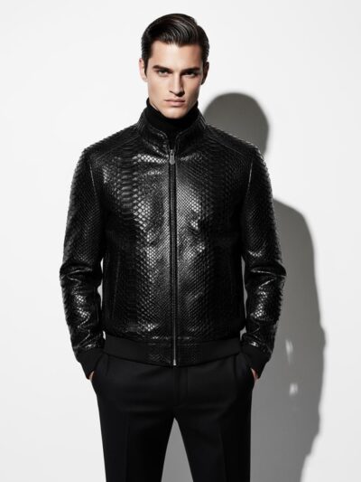Genuine Python Leather Men's Exotic Snake Skin Black Luxury Jacket