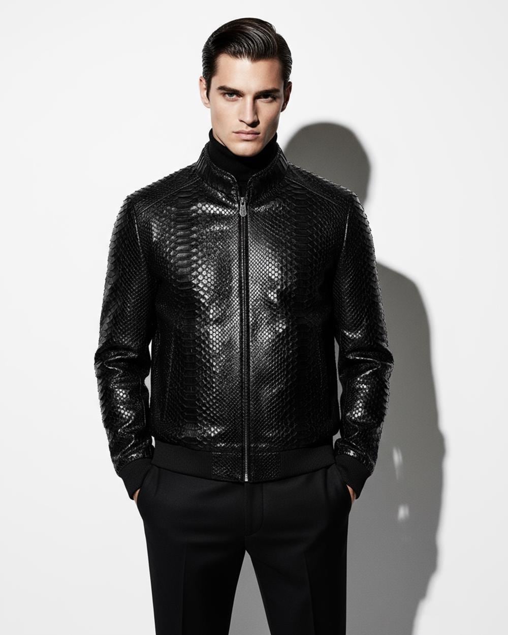 Genuine Python Leather Men's Exotic Snake Skin Black Luxury Jacket