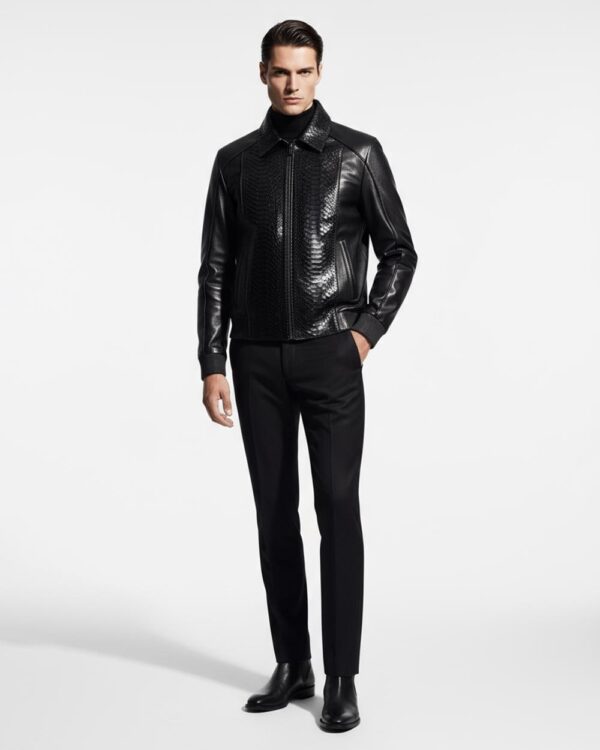 Men's Real Python Skin Trim Genuine Leather Black Luxury Bomber Jacket