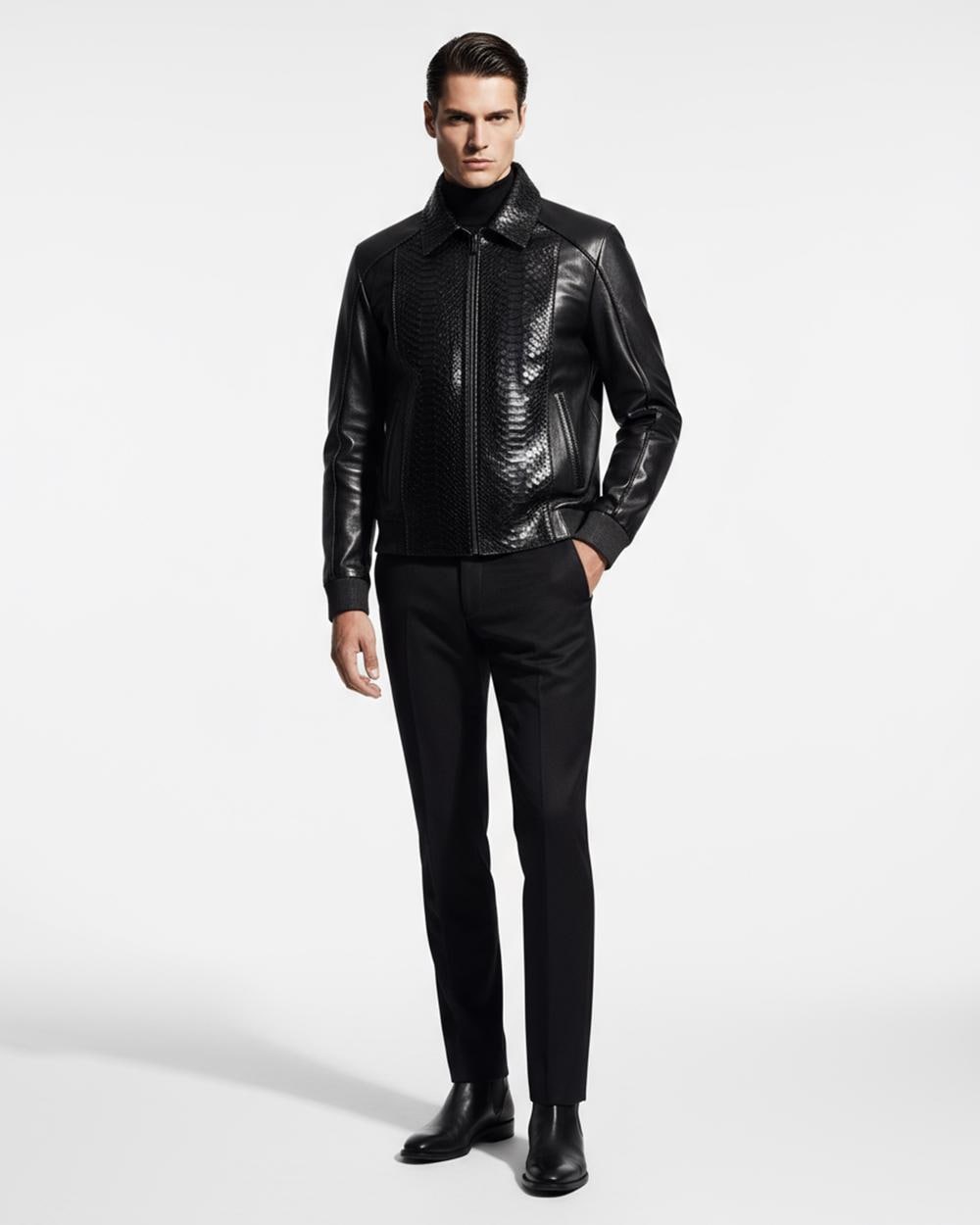 695e59e359f447123fa5273a.jpg Men's Real Python Skin Trim Genuine Leather Black Luxury Bomber Jacket