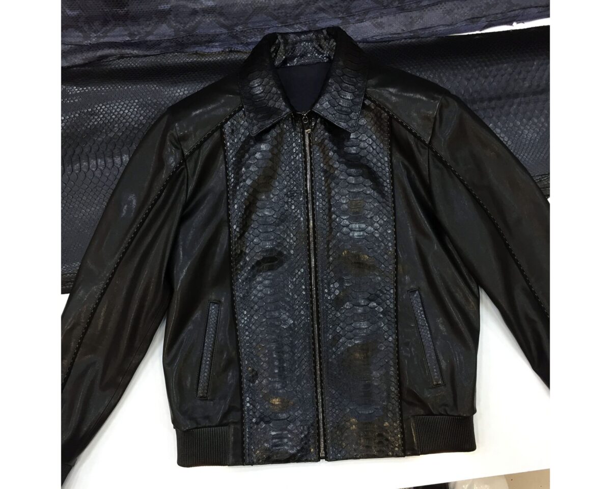 695e59e459f447123fa52d02.jpg Men's Real Python Skin Trim Genuine Leather Black Luxury Bomber Jacket