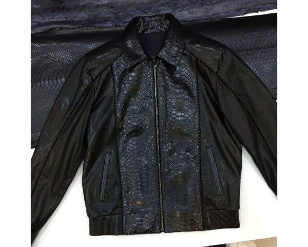 Men's Real Python Skin Trim Genuine Leather Black Luxury Bomber Jacket