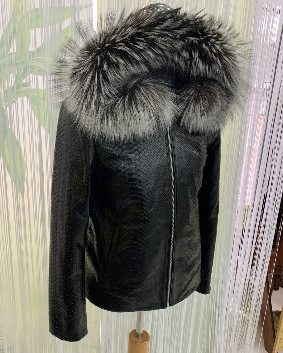 Genuine Python Leather Removable Real Fox Fur Hooded Handmade Jacket For Men