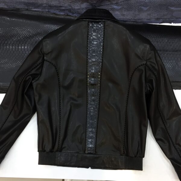 Men's Real Python Skin Trim Genuine Leather Black Luxury Bomber Jacket