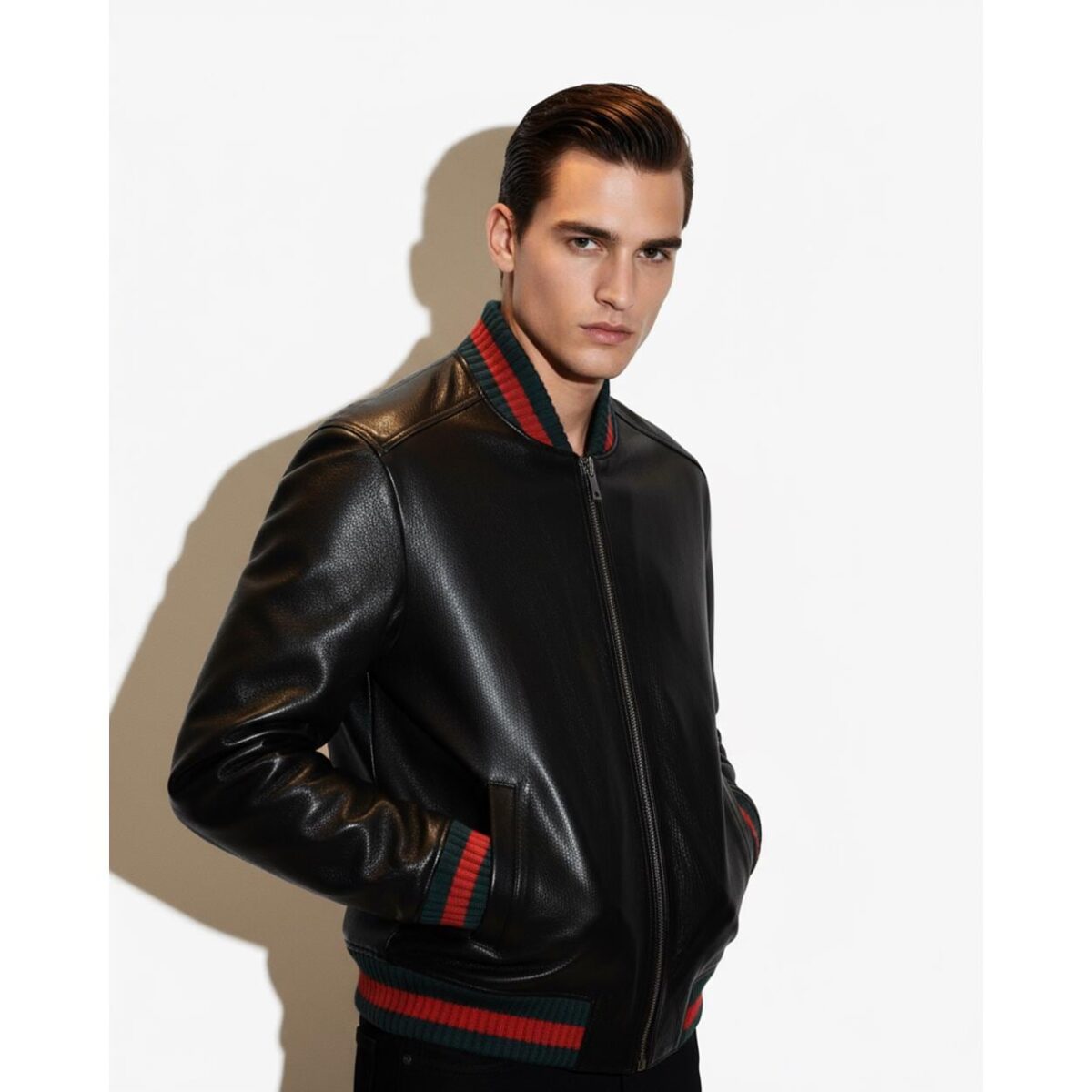 Men's Red Green Italian Color Stripes Black Textured Genuine Leather Bomber Jacket