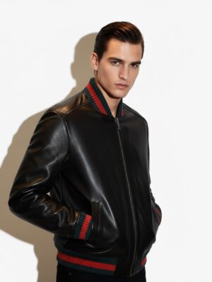 Men's Red Green Italian Color Stripes Black Textured Genuine Leather Bomber Jacket