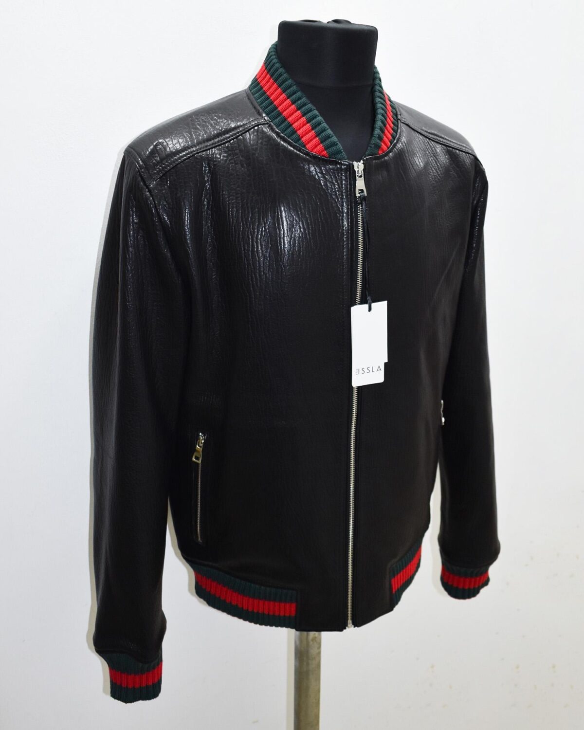 Men's Red Green Italian Color Stripes Black Textured Genuine Leather Bomber Jacket