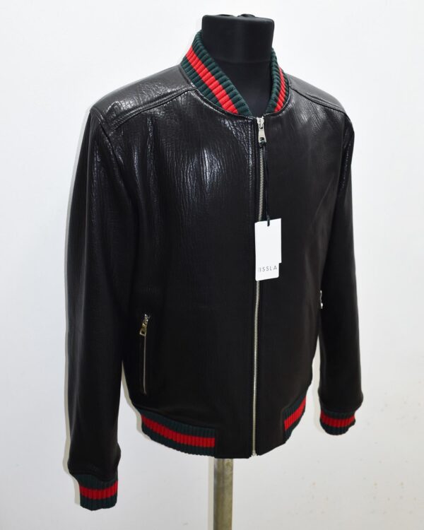 Men's Red Green Italian Color Stripes Black Textured Genuine Leather Bomber Jacket