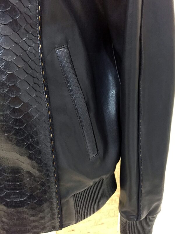 Men's Real Python Skin Trim Genuine Leather Black Luxury Bomber Jacket