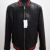 Men's Red Green Italian Color Stripes Black Textured Genuine Leather Bomber Jacket