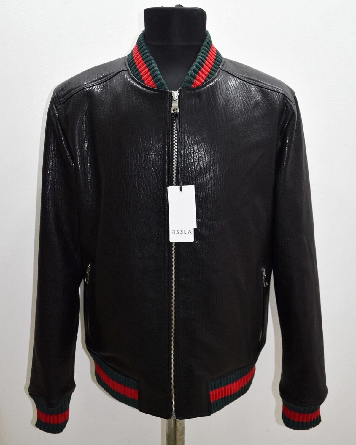 Men's Red Green Italian Color Stripes Black Textured Genuine Leather Bomber Jacket