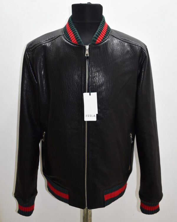 Men's Red Green Italian Color Stripes Black Textured Genuine Leather Bomber Jacket
