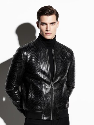 Men's Genuine Python Leather Made To Measure Bespoke Black Bomber Jacket