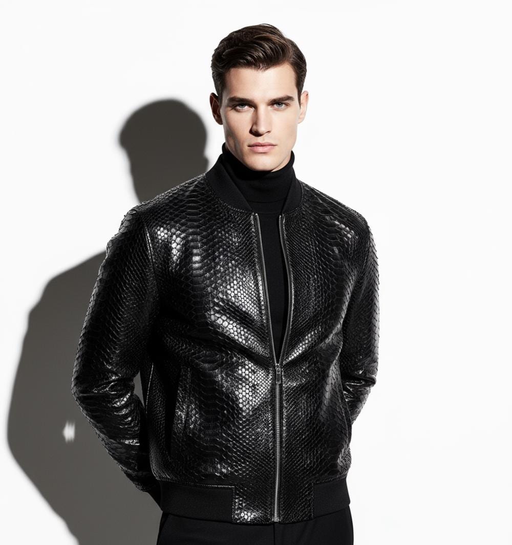 Men's Genuine Python Leather Made To Measure Bespoke Black Bomber Jacket