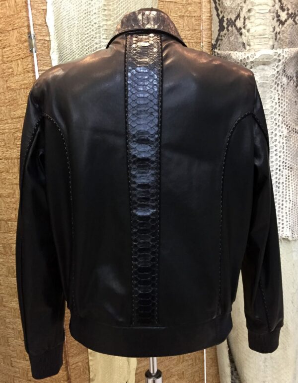 Men's Real Python Skin Trim Genuine Leather Black Luxury Bomber Jacket