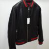Men's Red Green Italian Color Stripes Black Textured Genuine Leather Bomber Jacket