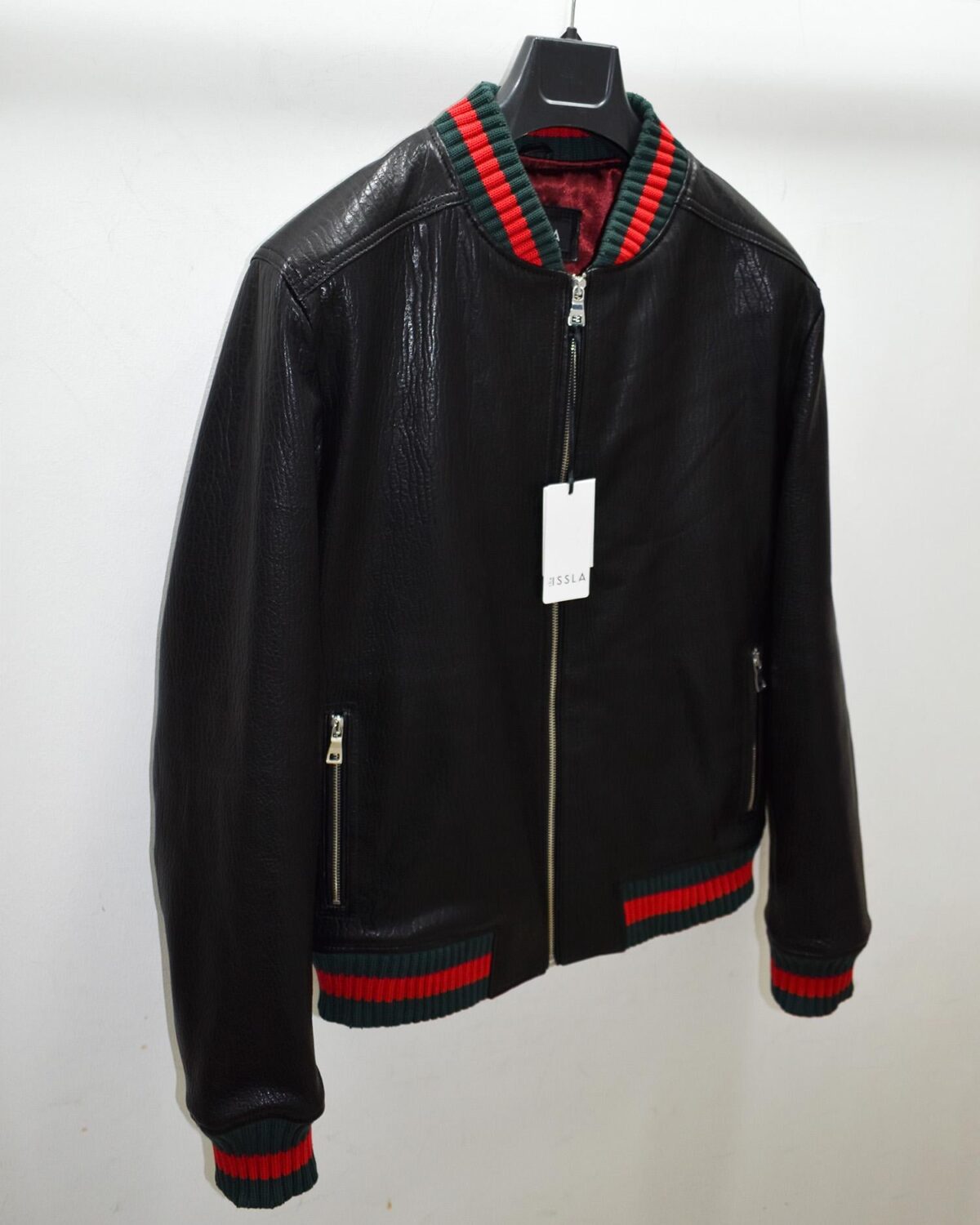 Men's Red Green Italian Color Stripes Black Textured Genuine Leather Bomber Jacket