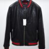 Men's Red Green Italian Color Stripes Black Textured Genuine Leather Bomber Jacket