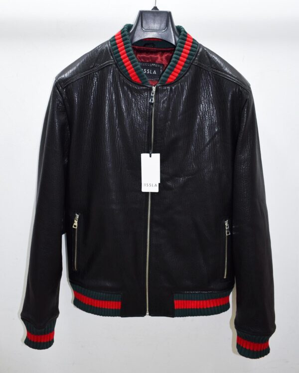 Men's Red Green Italian Color Stripes Black Textured Genuine Leather Bomber Jacket