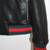 Men's Red Green Italian Color Stripes Black Textured Genuine Leather Bomber Jacket