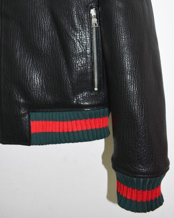 Men's Red Green Italian Color Stripes Black Textured Genuine Leather Bomber Jacket