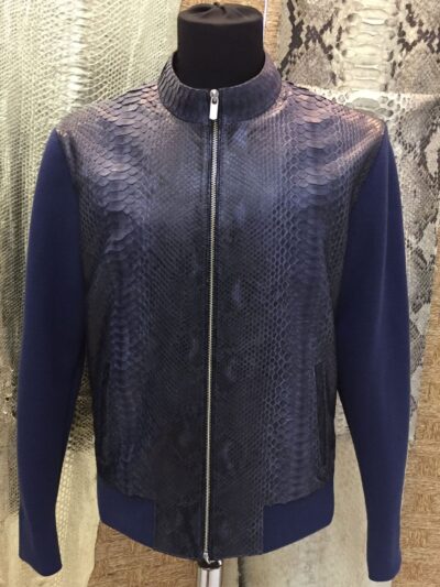 Genuine Python Leather Knit Cotton Men's Luxury Navy Blue Black Cardigan
