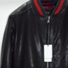 Men's Red Green Italian Color Stripes Black Textured Genuine Leather Bomber Jacket