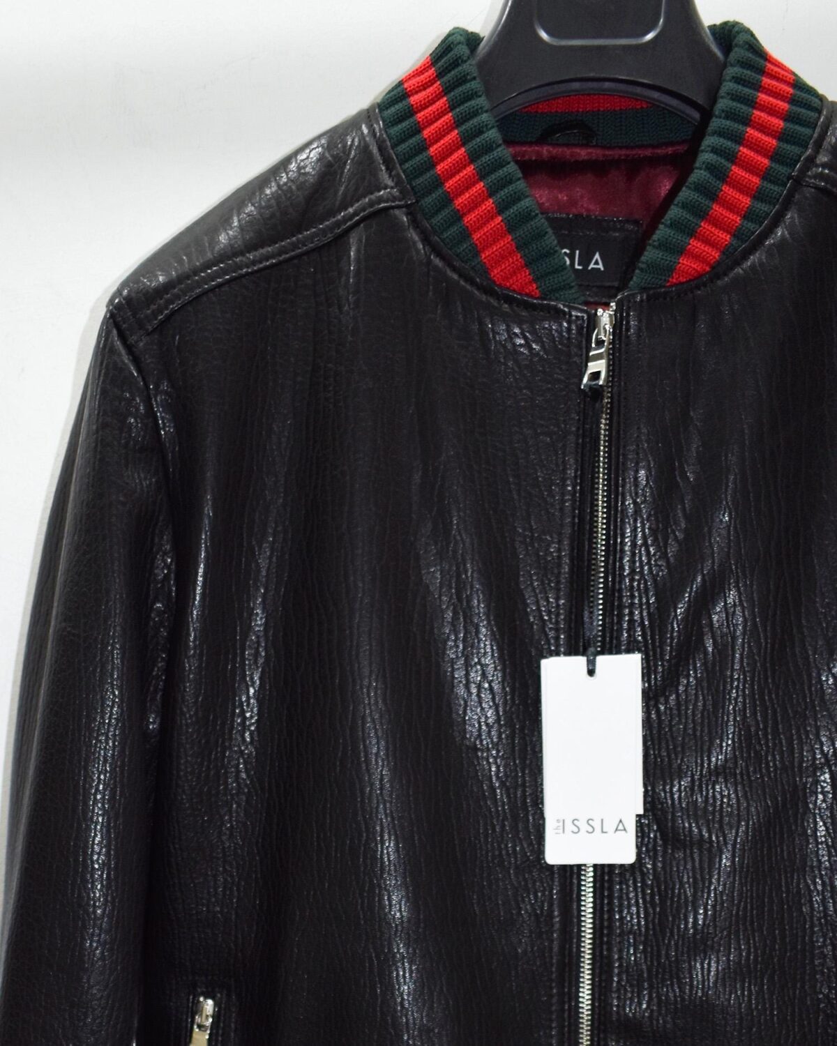 Men's Red Green Italian Color Stripes Black Textured Genuine Leather Bomber Jacket