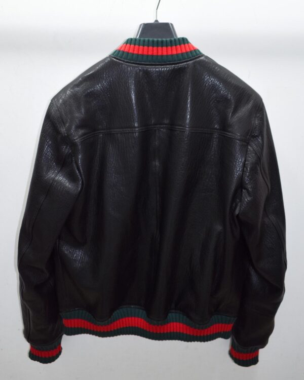 Men's Red Green Italian Color Stripes Black Textured Genuine Leather Bomber Jacket