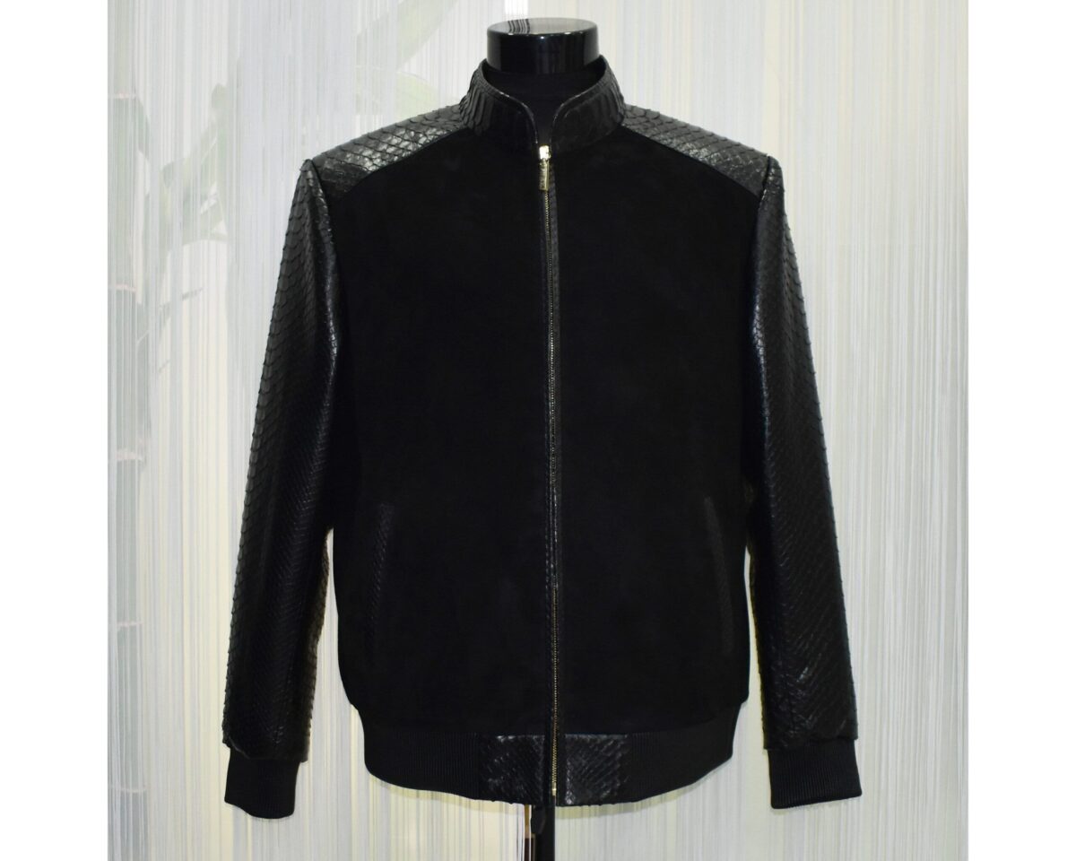 Men's Black Suede Jacket with Genuine Python Leather Sleeves