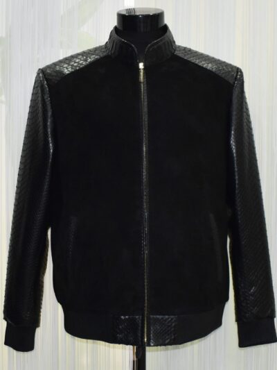 Men's Black Suede Jacket with Genuine Python Leather Sleeves