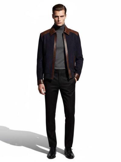 Men's Brown Real Python Trim Genuine Leather Navy Blue Metis Suede Jacket