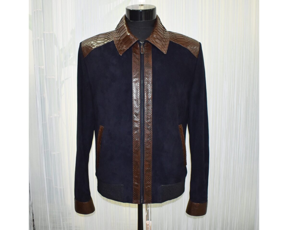 Men's Brown Real Python Trim Genuine Leather Navy Blue Metis Suede Jacket