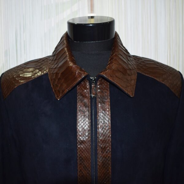 Men's Brown Real Python Trim Genuine Leather Navy Blue Metis Suede Jacket