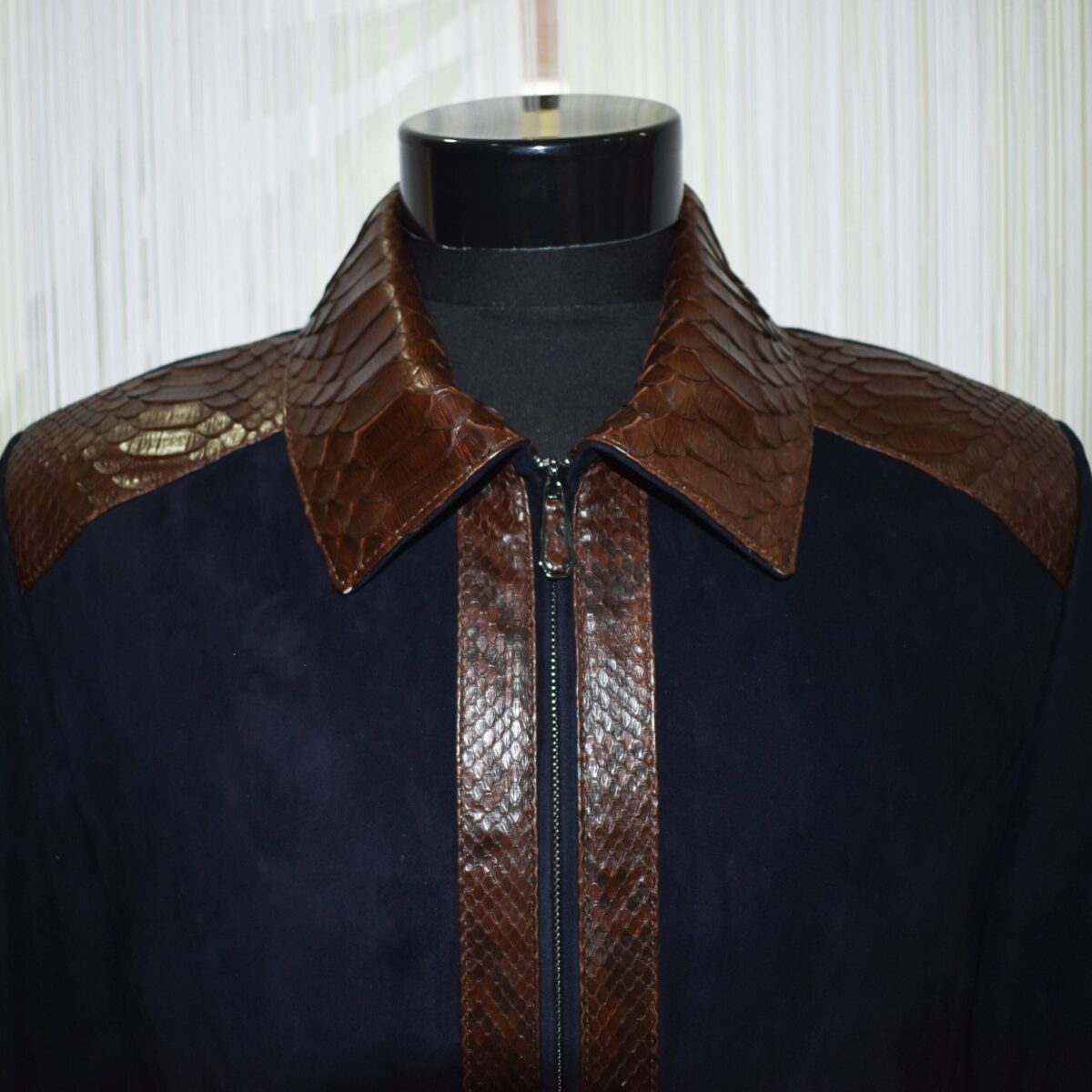 Navy Metis Suede Jacket with Brown Python Trim