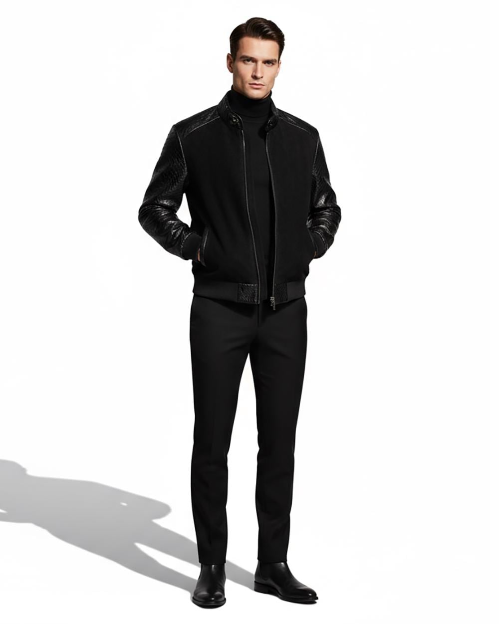 Men's Black Suede Jacket with Genuine Python Leather Sleeves
