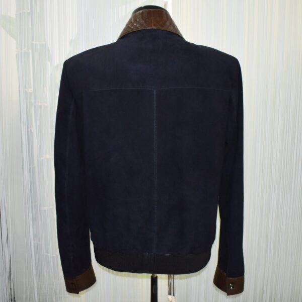 Men's Brown Real Python Trim Genuine Leather Navy Blue Metis Suede Jacket