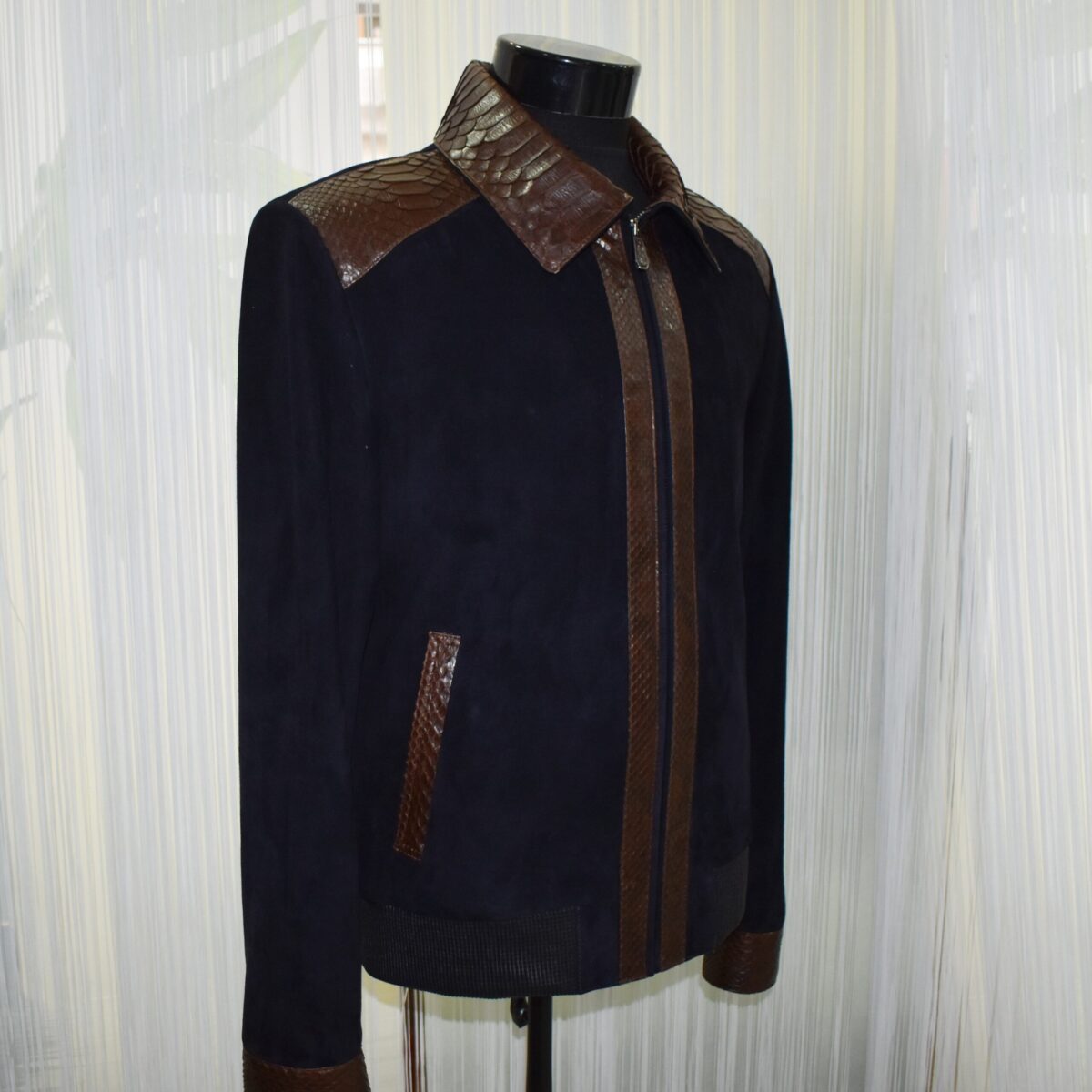 Men's Brown Real Python Trim Genuine Leather Navy Blue Metis Suede Jacket