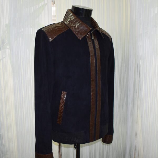 Men's Brown Real Python Trim Genuine Leather Navy Blue Metis Suede Jacket