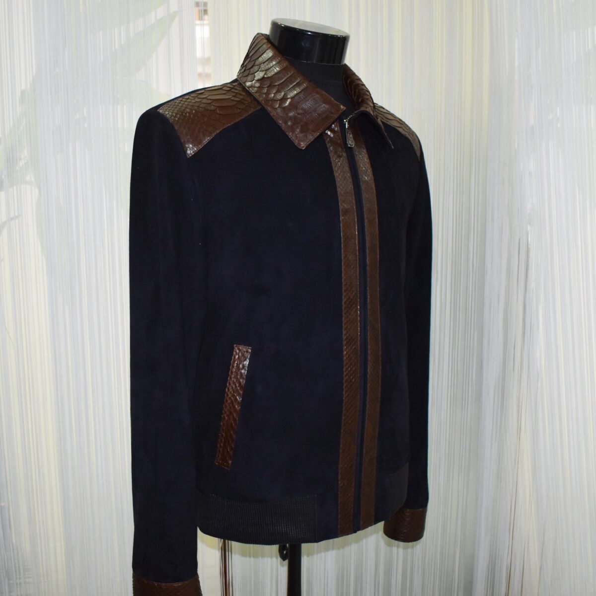 Navy Metis Suede Jacket with Brown Python Trim