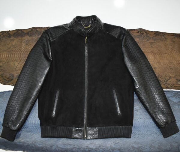 Men's Black Suede Jacket with Genuine Python Leather Sleeves