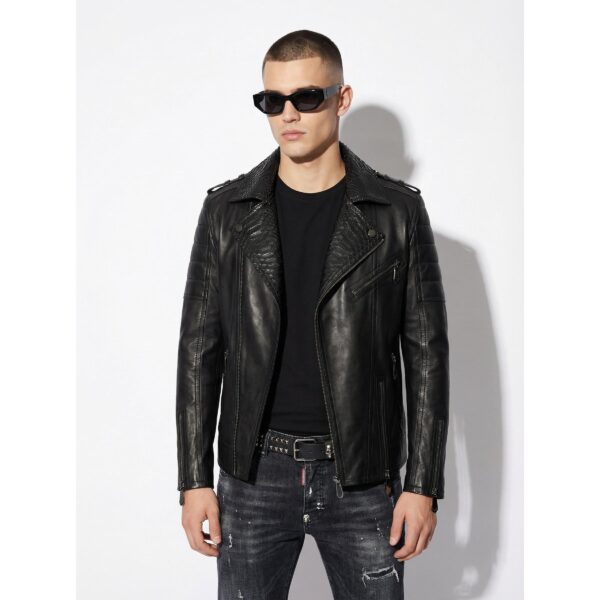 Men's Real Python Skin Trim Genuine Leather Black Luxury Motorcycle Biker Jacket