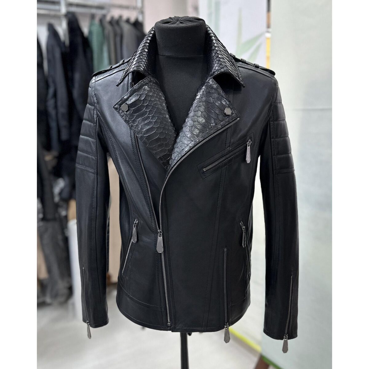 695e59ef59f447123fa54417.jpg Men's Real Python Skin Trim Genuine Leather Black Luxury Motorcycle Biker Jacket