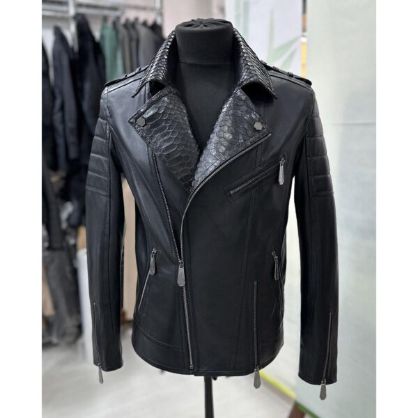Men's Real Python Skin Trim Genuine Leather Black Luxury Motorcycle Biker Jacket