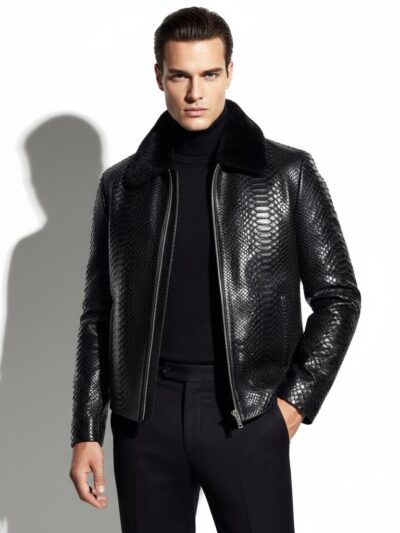 Men's Black Python Leather Removable Mink Fur Collar Exotic Snake Skin Jacket