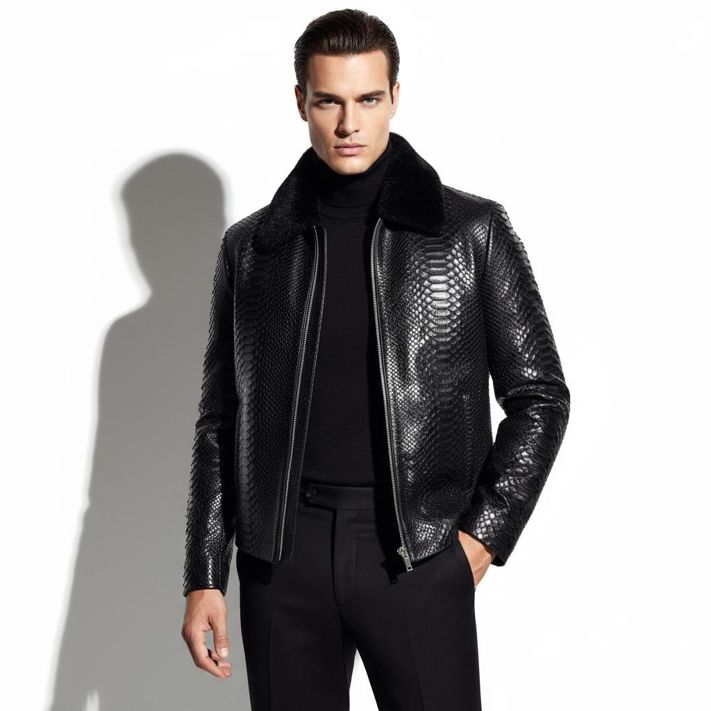 Men's Black Python Leather Removable Mink Fur Collar Exotic Snake Skin Jacket