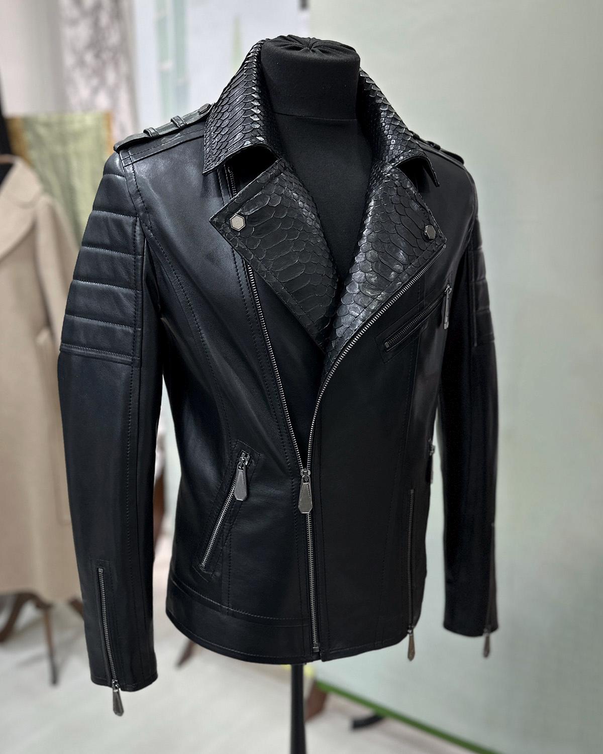 695e59f159f447123fa54a74.jpg Men's Real Python Skin Trim Genuine Leather Black Luxury Motorcycle Biker Jacket