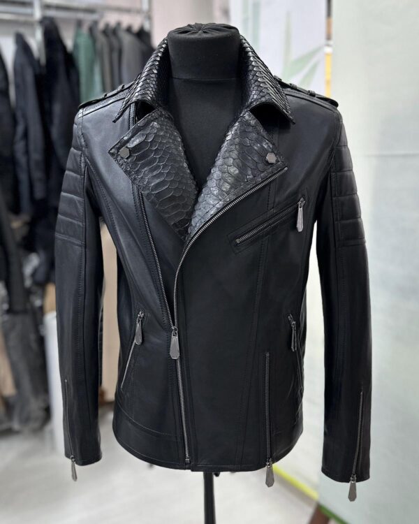 Men's Real Python Skin Trim Genuine Leather Black Luxury Motorcycle Biker Jacket
